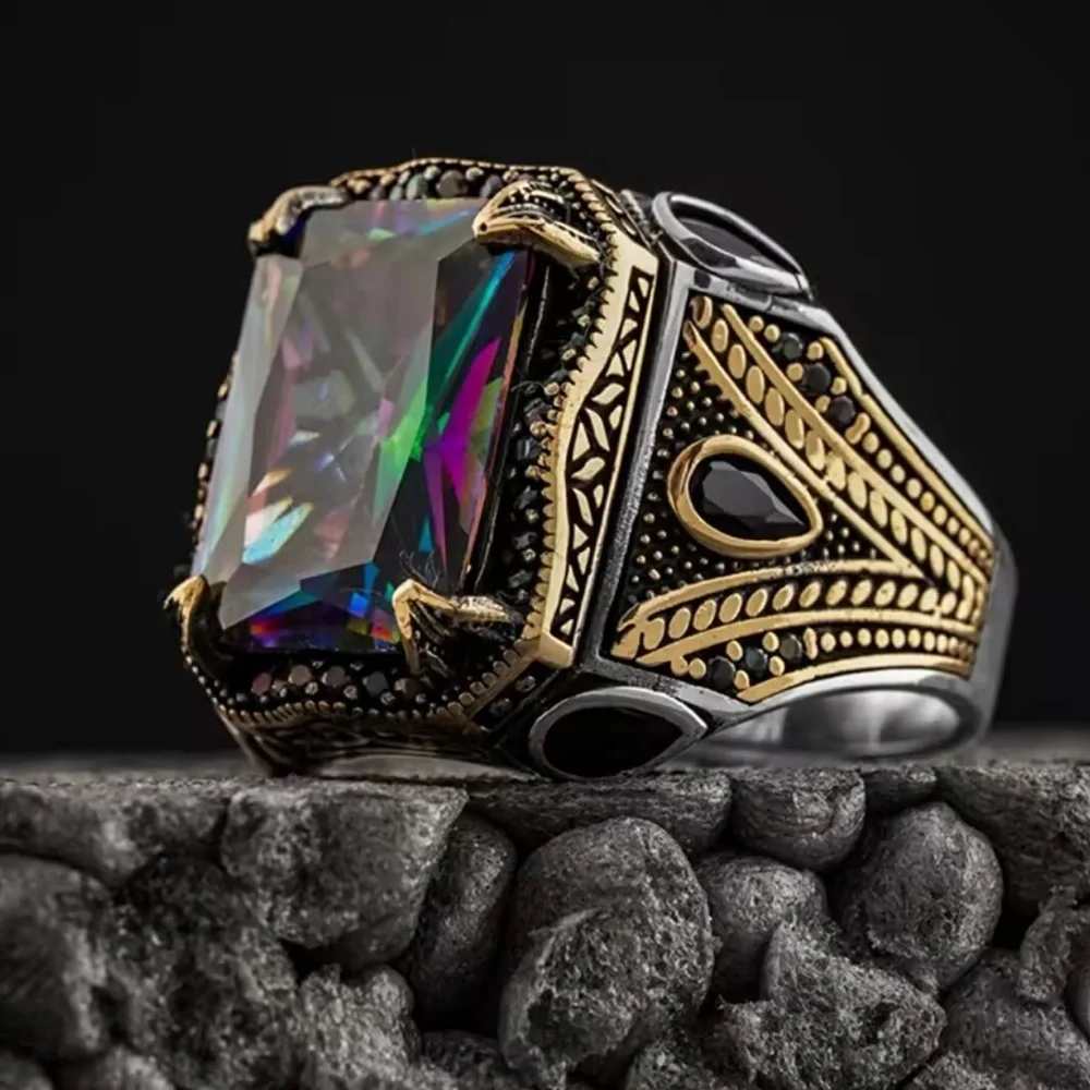 New! Men vintage signet Multicolor Gemstone Statement Ring
